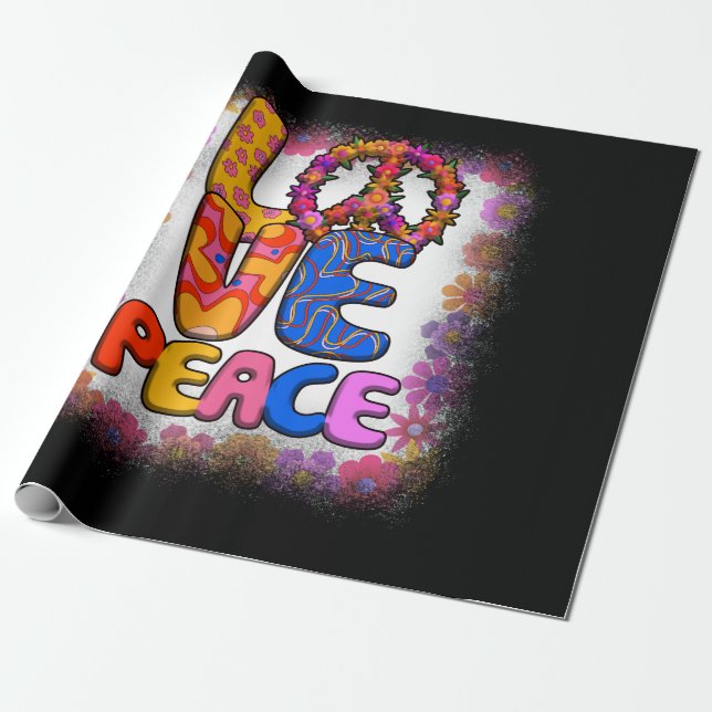 Liebe Peace Retro 60er & 70er Floral Hippie Peace Geschenkpapier (Ungerollt)