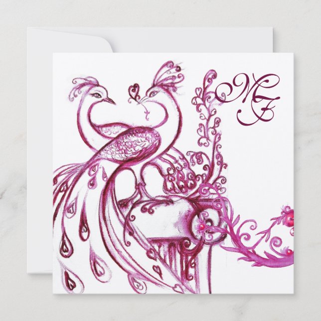 LIEBE PEACOCKS MONOGRAM Rosa Weiße Hochzeit Einlad Einladung (Vorderseite)