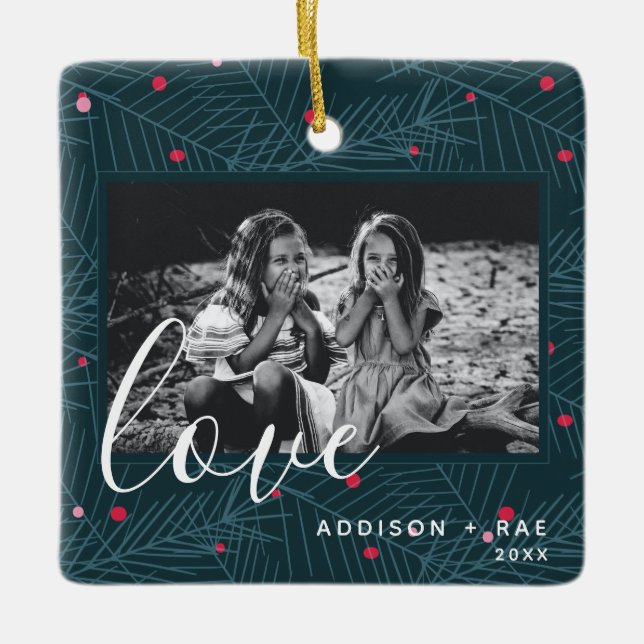 Liebe Personalisiert Holiday Foto Weihnachtsgesche Keramikornament (Vorderseite)