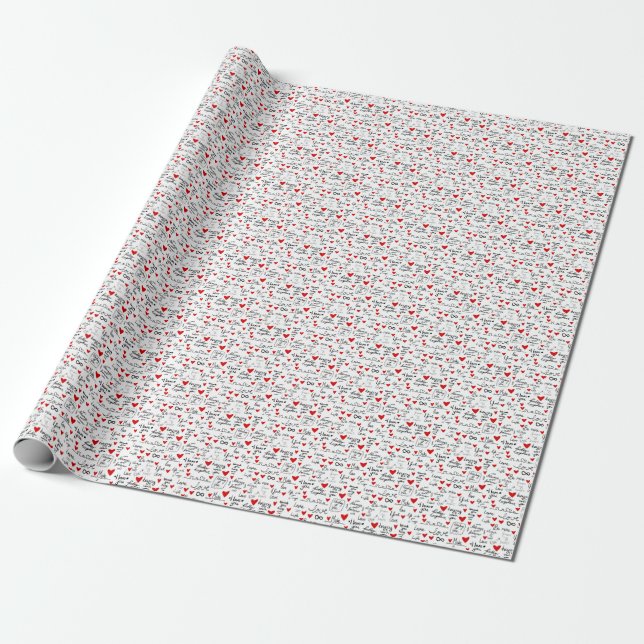 Liebe-Phrasen, Doodle-Herzen, Valentinmuster. Geschenkpapier (Ungerollt)