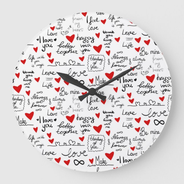 Liebe-Phrasen, Doodle-Herzen, Valentinmuster. Große Wanduhr (Vorderseite)