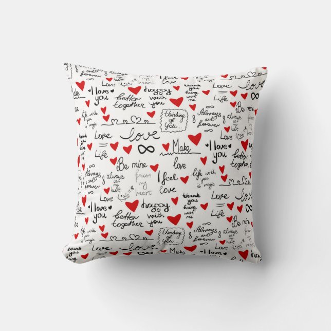 Liebe-Phrasen, Doodle-Herzen, Valentinmuster. Kissen (Vorderseite)