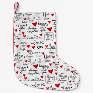 Liebe-Phrasen, Doodle-Herzen, Valentinmuster. Kleiner Weihnachtsstrumpf