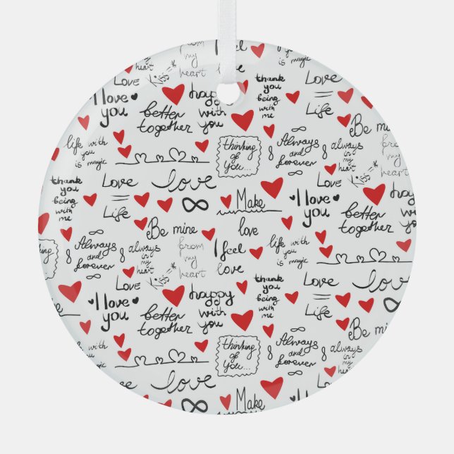 Liebe-Phrasen, Doodle-Herzen, Valentinmuster. Ornament Aus Glas (Vorderseite)