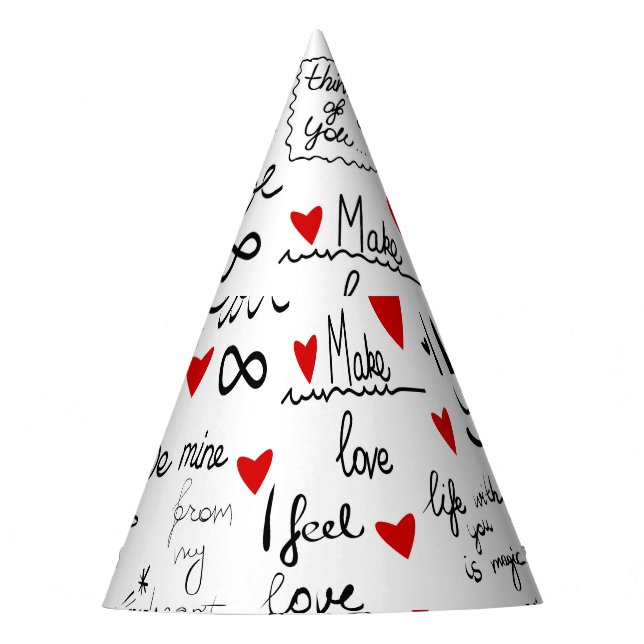 Liebe-Phrasen, Doodle-Herzen, Valentinmuster. Partyhütchen (Vorderseite)