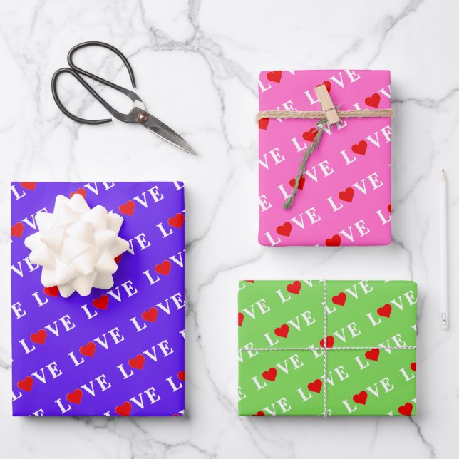 LIEBE Pink Green Lavendel Geschenkpapier Set (Vorderseite)