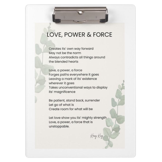 Liebe, Power, Kraft Gedichte Klemmbrett (Vorderseite)
