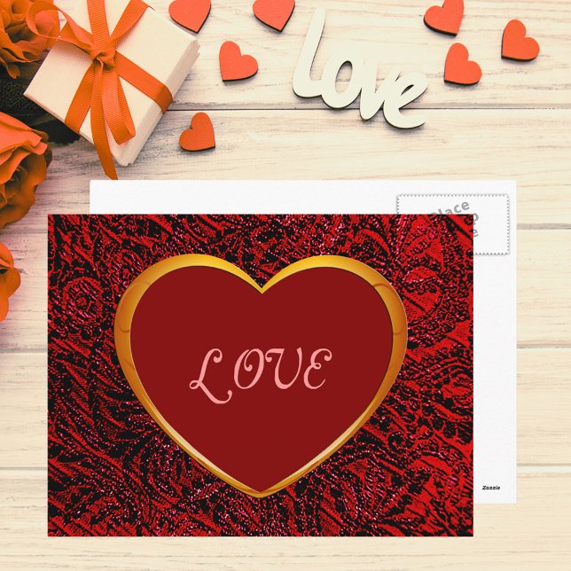 Liebe-Rahmen für das Goldene Herz mit rotem Stoff  Postkarte (Gold Heart Love Frame with Red Fabric Postcard)