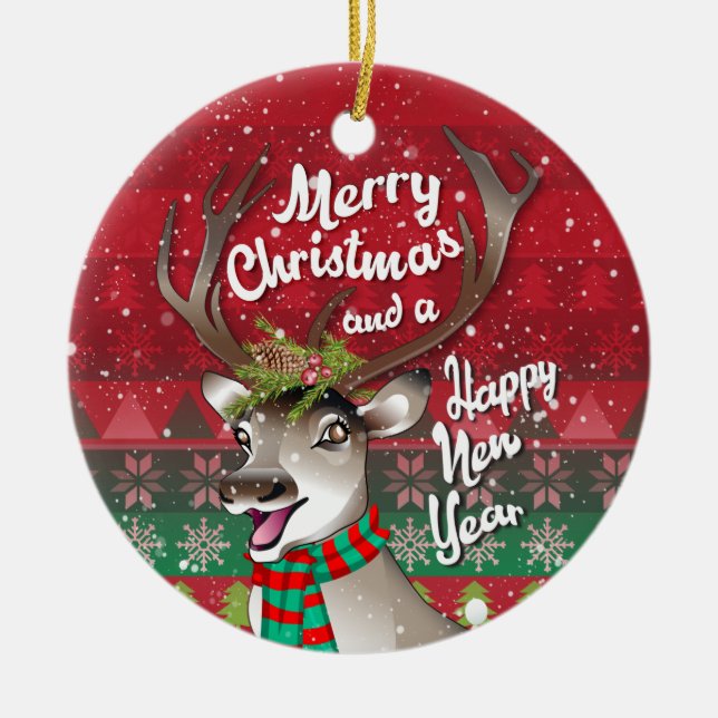 Liebe Rentier - Frohe Weihnachten und glückliches  Keramik Ornament (Vorne)