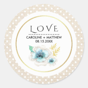 Liebe. Romantische Blumen-Burlap-Textur Hochzeit Runder Aufkleber
