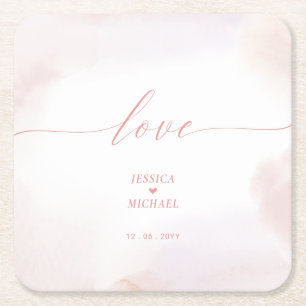 Liebe Rosa Herz & Aquarell-Hochzeit Rechteckiger Pappuntersetzer