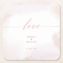 Liebe | Rosa Herz & Wasserfarbe Hochzeit Rechteckiger Pappuntersetzer