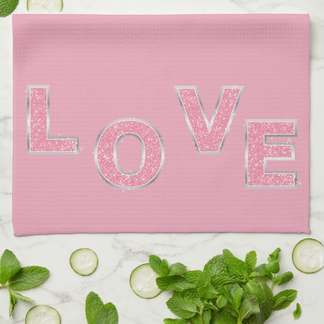 Liebe Rosa Silver Glitzer Geschirrtuch (Gefaltet)