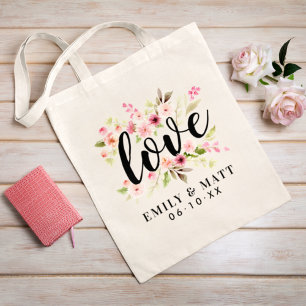 Liebe rosa Wasserfarbe Blumen Hochzeitsmonogramm Tragetasche