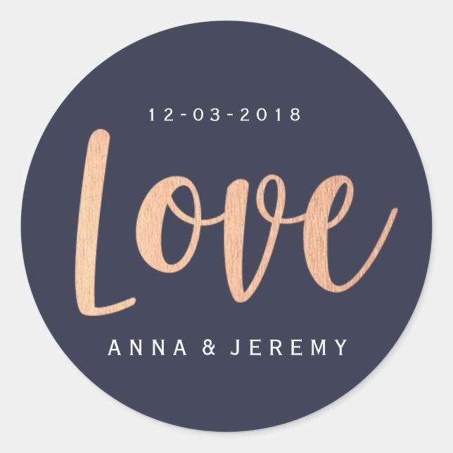 Liebe Rose Gold Navy Blue Hochzeitsticker Runder Aufkleber (Vorderseite)