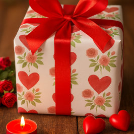 Liebe Rote Herzen Rosa Rosen  Geschenkpapier
