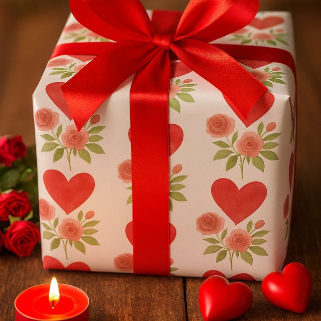 Liebe Rote Herzen Rosa Rosen  Geschenkpapier (Von Creator hochgeladen)