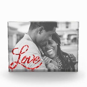 Liebe   Roter Glitzer Modernes Kalligrafie Herz Fotoblock
