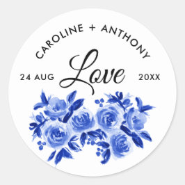 Liebe. Royal Blue Watercolor Floral Wedding Sticke Runder Aufkleber