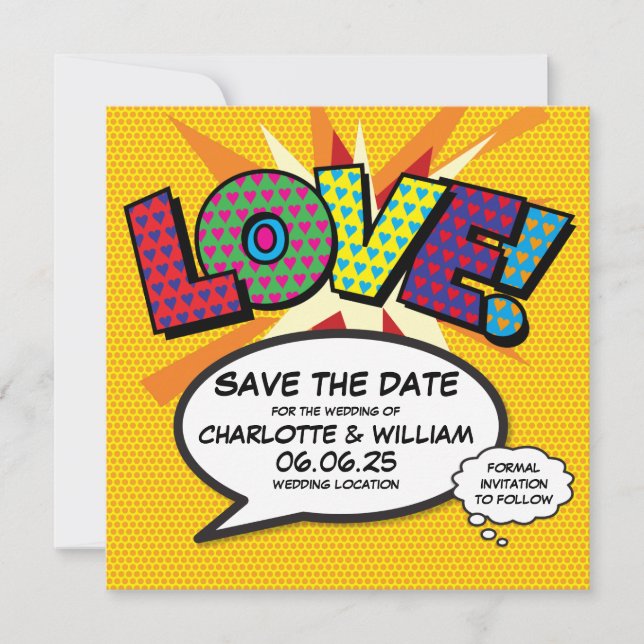 LIEBE Save the Date Fun Retro Comic Pop Art (Vorderseite)