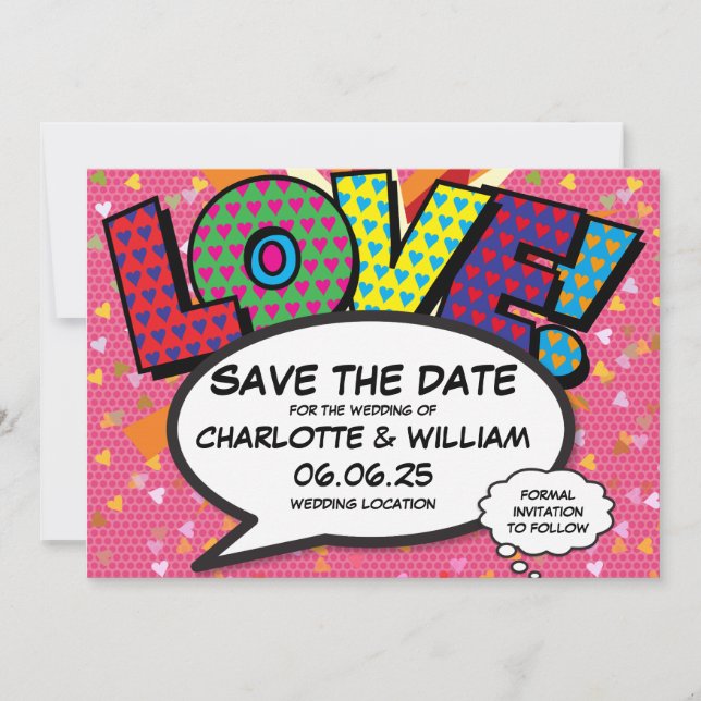 LIEBE Save the Date Fun Retro Comic Pop Art (Vorderseite)