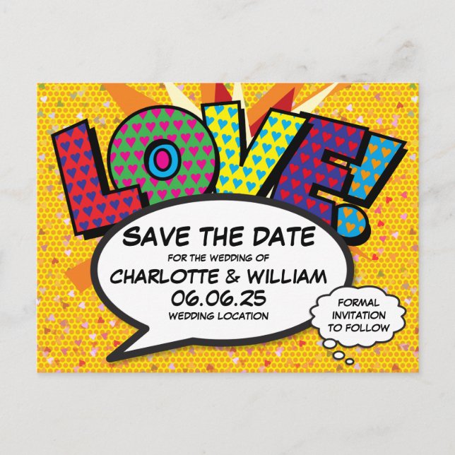 LIEBE Save the Date Fun Retro Comic Pop Art Postkarte (Vorderseite)