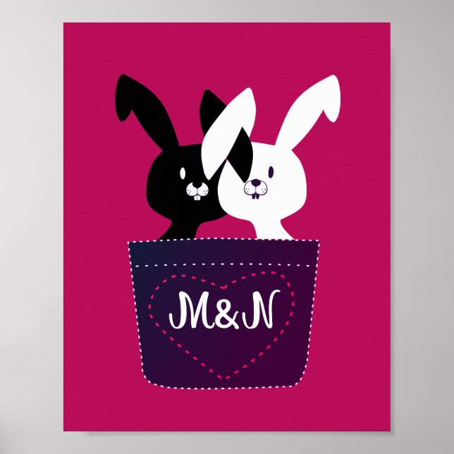 Liebe Schwarz und Weiß Bunnies auf Magenta Karikat Poster (Vorne)