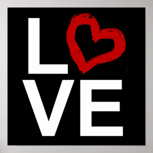 LIEBE, Schwarz und Weiß mit rot geätztem Herzen Poster