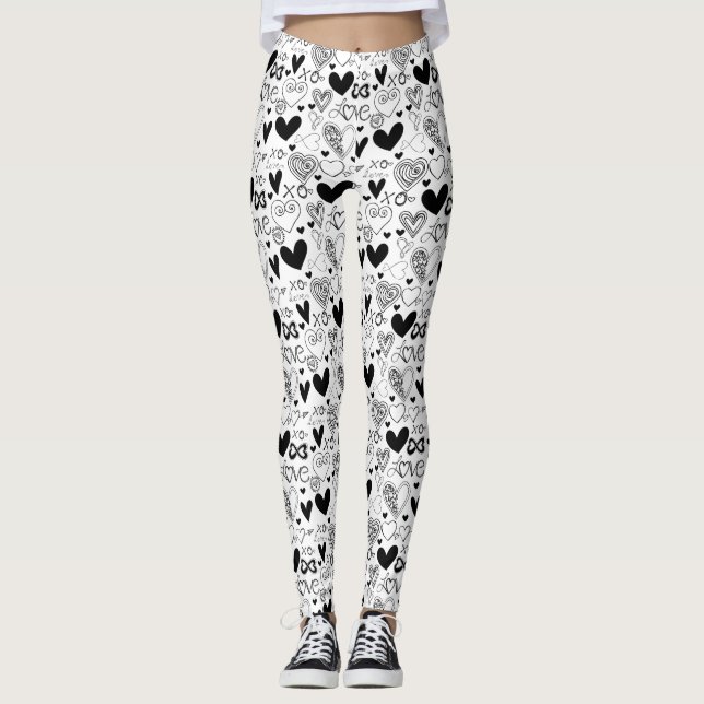 Liebe Schwarz-weiß Hearts Leggings (Vorderseite)