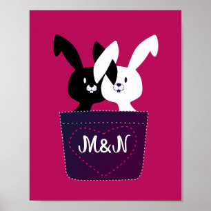 Liebe schwarze und weiße Kaninchen auf magentafarb Poster