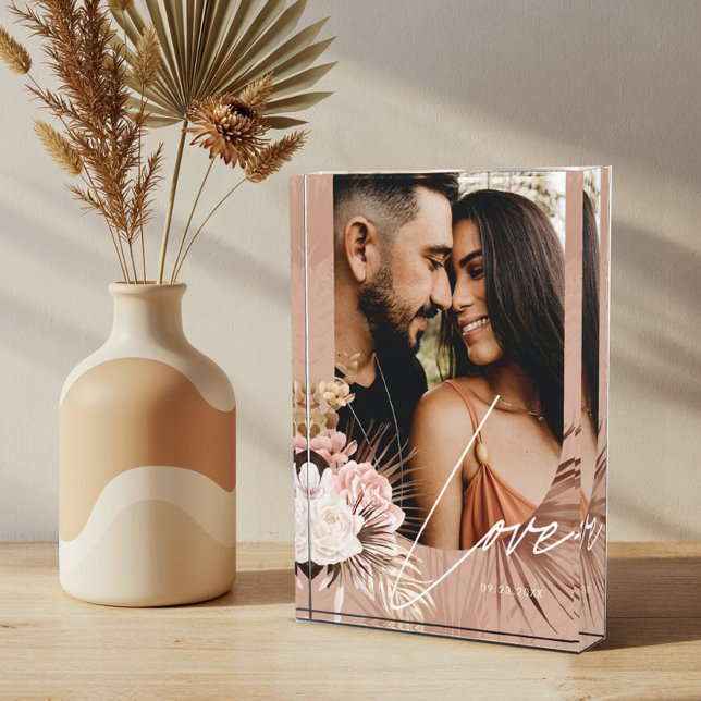 Liebe Script Boho Wasserfarbe Blumenstrauß Arch Fotoblock (Love Script Boho Watercolor Floral Keepsake Arch Photo Block)