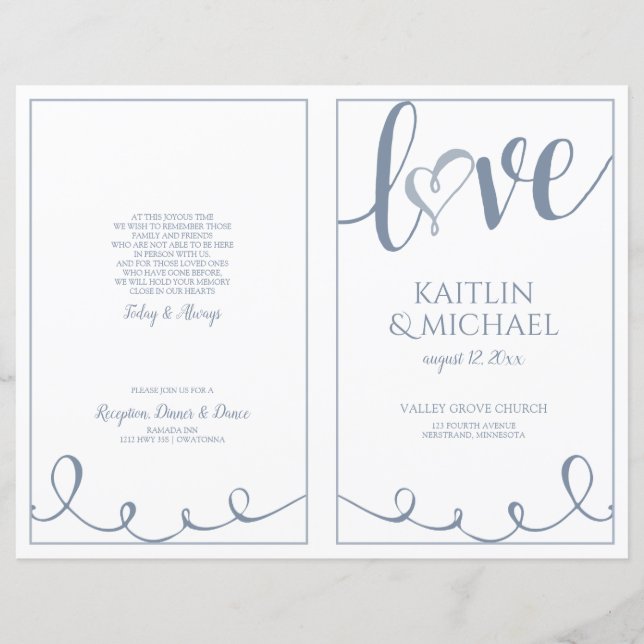 Liebe Script Heart Weddingprogramme Dusty Blue (Vorderseite)