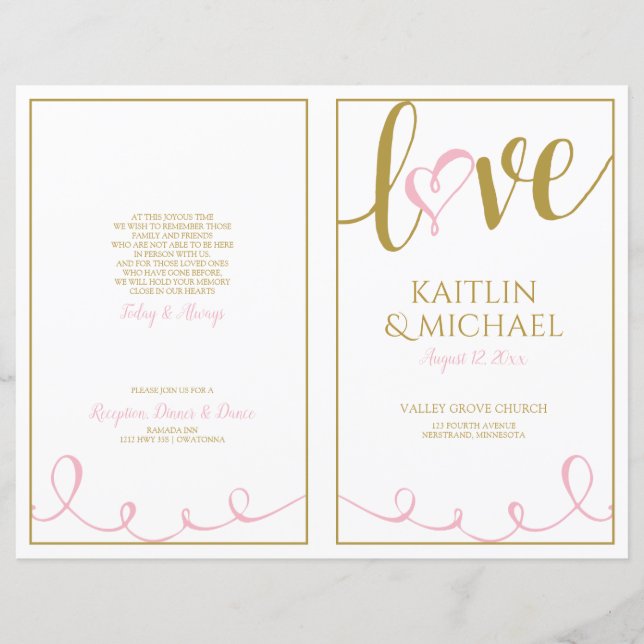 Liebe Script Heart Weddingprogramme Rosa & Gold (Vorderseite)