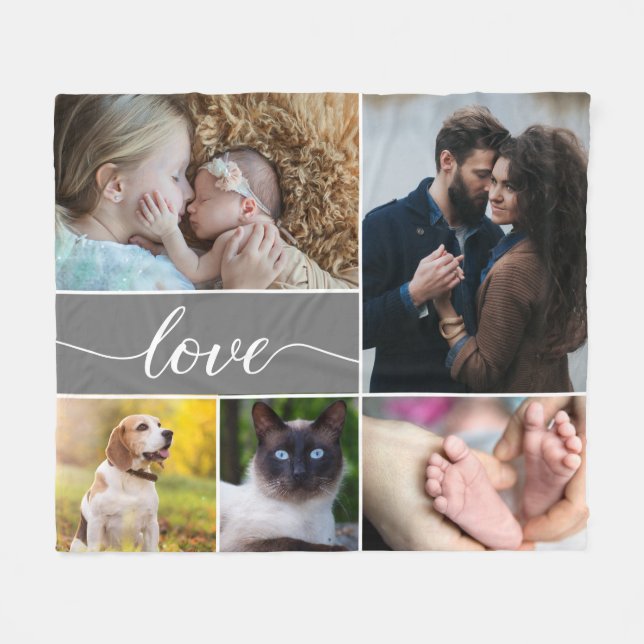 Liebe Script Mod Gray Family Foto Collage Fleecedecke (Vorderseite (Horizontal))