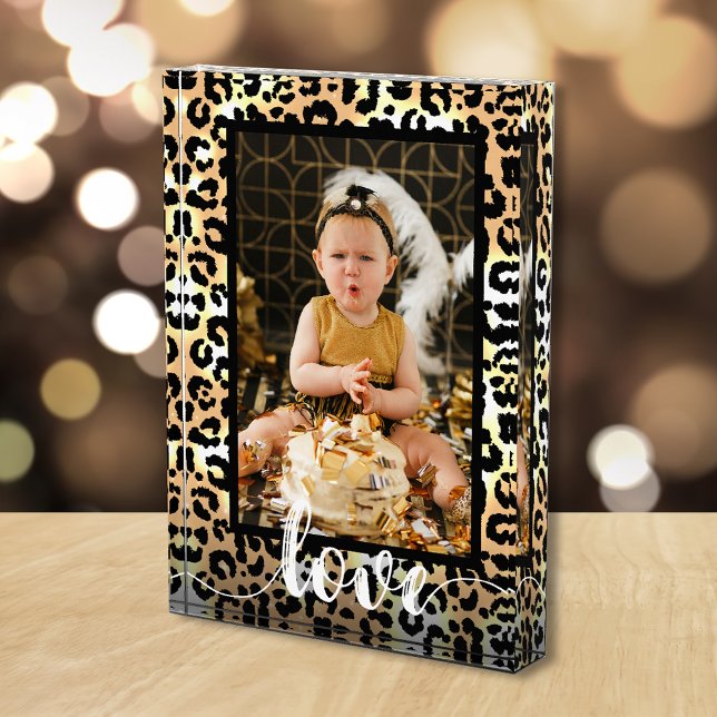 LIEBE Script Overlay Leopard Fotoblock (Pesonalized acrylic photo block is 5" x 7" and 1" thick, stands without support on flat surface.)
