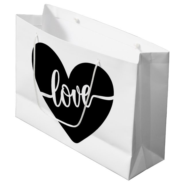 Liebe Script Typografie Black Heart Valentine Große Geschenktüte (Vorderseite Schrägansicht)