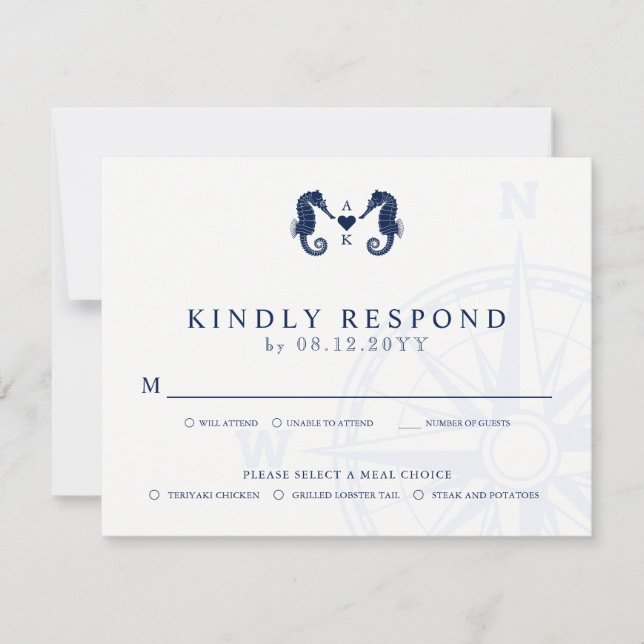 Liebe | Seepferd Thema Hochzeit RSVP Mahlzeiten Karte (Vorderseite)