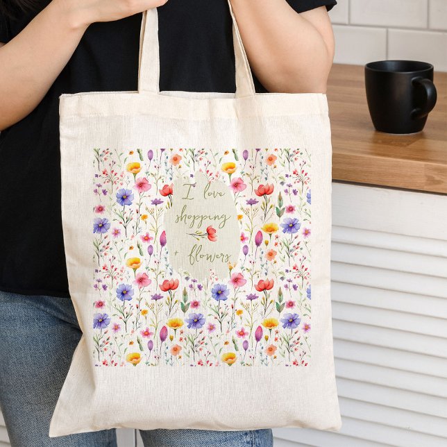 Liebe Shopping und Blume Farbenfrohe Wildblume Tragetasche (I love shopping and flowers, wildflower tote bag from my Mother's Day Wildflower Collection)