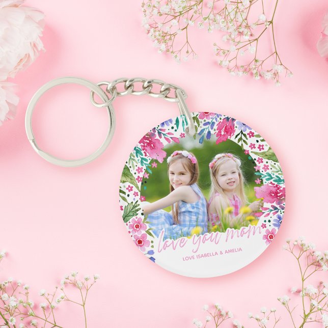 Liebe Sie Mama Kinder Foto Aquarellblume Schlüsselanhänger (Love You Mom Kids Photo Watercolor Floral Keychain)