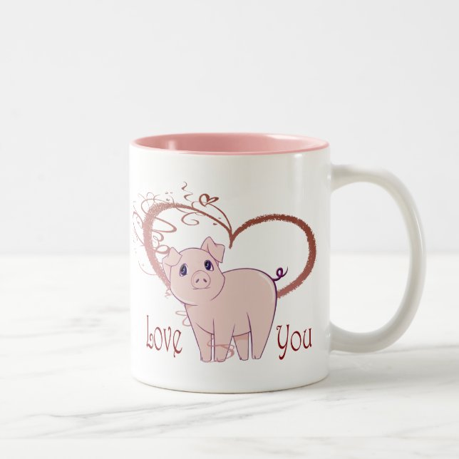 Liebe Sie, niedliches rosa Schwein und Zweifarbige Tasse (Rechts)