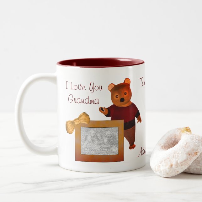 Liebe Sie Oma Niedlich Bären Personalisiertes Foto Zweifarbige Tasse (Mit Donut)