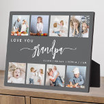 Liebe Sie Opa 8 Foto Collage Grau Fotoplatte<br><div class="desc">Gib Opa ein Geschenk, das er schätzen wird. Diese Collage aus dem Foto zeigt acht seiner liebsten quadratischen Fotos der Enkel, zusammen mit der Meldung "Liebe, du Opa". Das Wort "Großvater" erscheint in elegantem, weißem Schriftzeichen mit Schnörkeln am Anfang und Ende auf grauem Hintergrund. Fügen Sie die Namen von bis...</div>