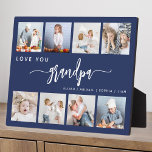 Liebe Sie Opa 8 Foto Collage Navy Blau Fotoplatte<br><div class="desc">Gib Opa ein Geschenk, das er schätzen wird. Diese Collage aus dem Foto zeigt acht seiner liebsten quadratischen Fotos der Enkel, zusammen mit der Meldung "Liebe, du Opa". Das Wort "Großvater" erscheint in elegantem, weißem Schriftzeichen mit Schnörkeln am Anfang und Ende auf marineblarem Hintergrund. Fügen Sie die Namen von bis...</div>