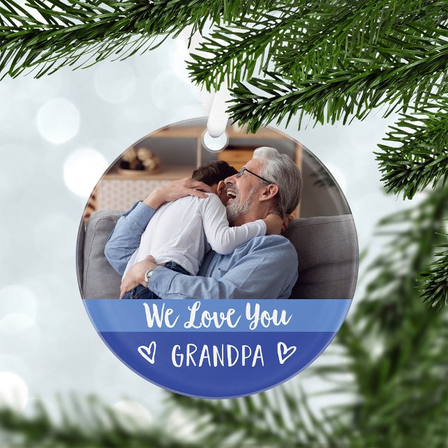 Liebe Sie Opa | Blauer Farbblock Zwei Fotos Ornament (A modern, colorful blue holiday ornament with two photos for your grandpa)