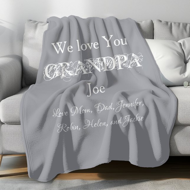 Liebe Sie Opa Einfache Skripte Kinder Name Niedlic Fleecedecke ("We Love You GRANDPA" personalized, simple, comfy, light grey fleece blanket. )