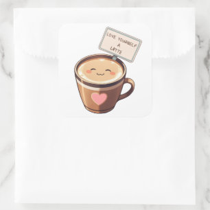 Liebe Sie selbst ein Latte - Kawaii-Kaffeeaufklebe Quadratischer Aufkleber