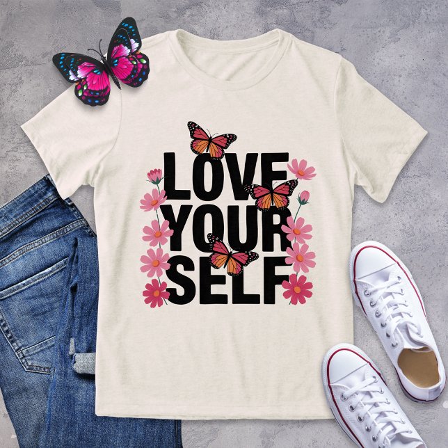 Liebe Sie selbst Schmetterling und Blume Grafik Tri-Blend Shirt (Von Creator hochgeladen)