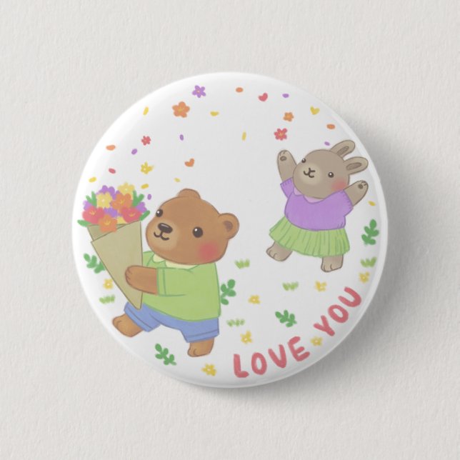 Liebe Sie: Teddy Bear & Bunny mit Blume Button (Vorderseite)