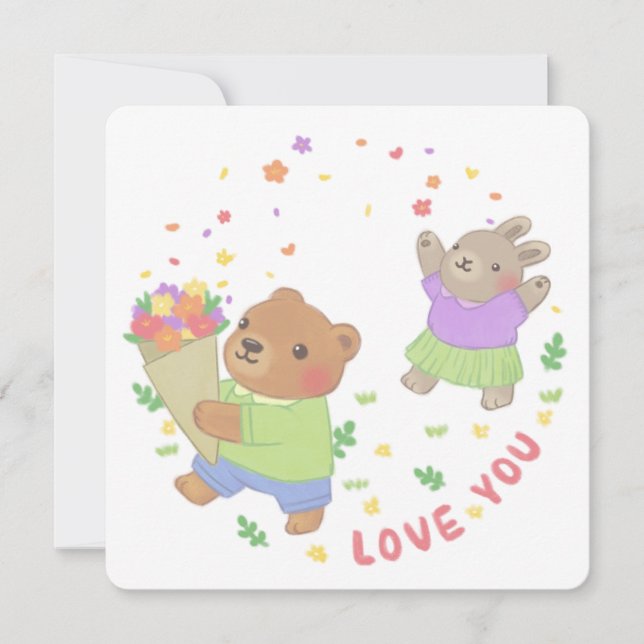 Liebe Sie: Teddy Bear & Bunny mit Blume Einladung (Vorderseite)