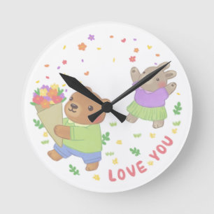 Liebe Sie: Teddy Bear & Bunny mit Blume Runde Wanduhr